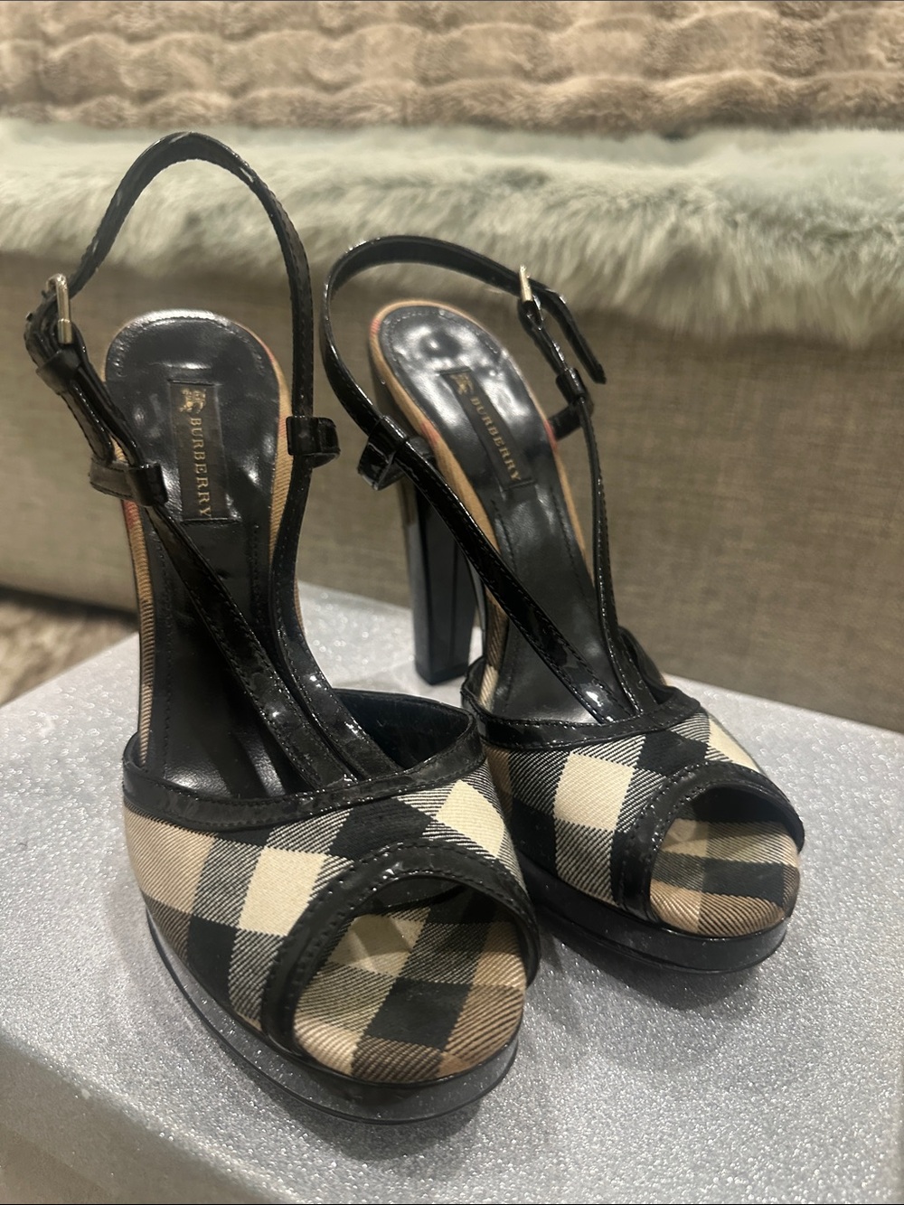 BURBERRY Black and Beige Check Peep-Toe Slingback Heels